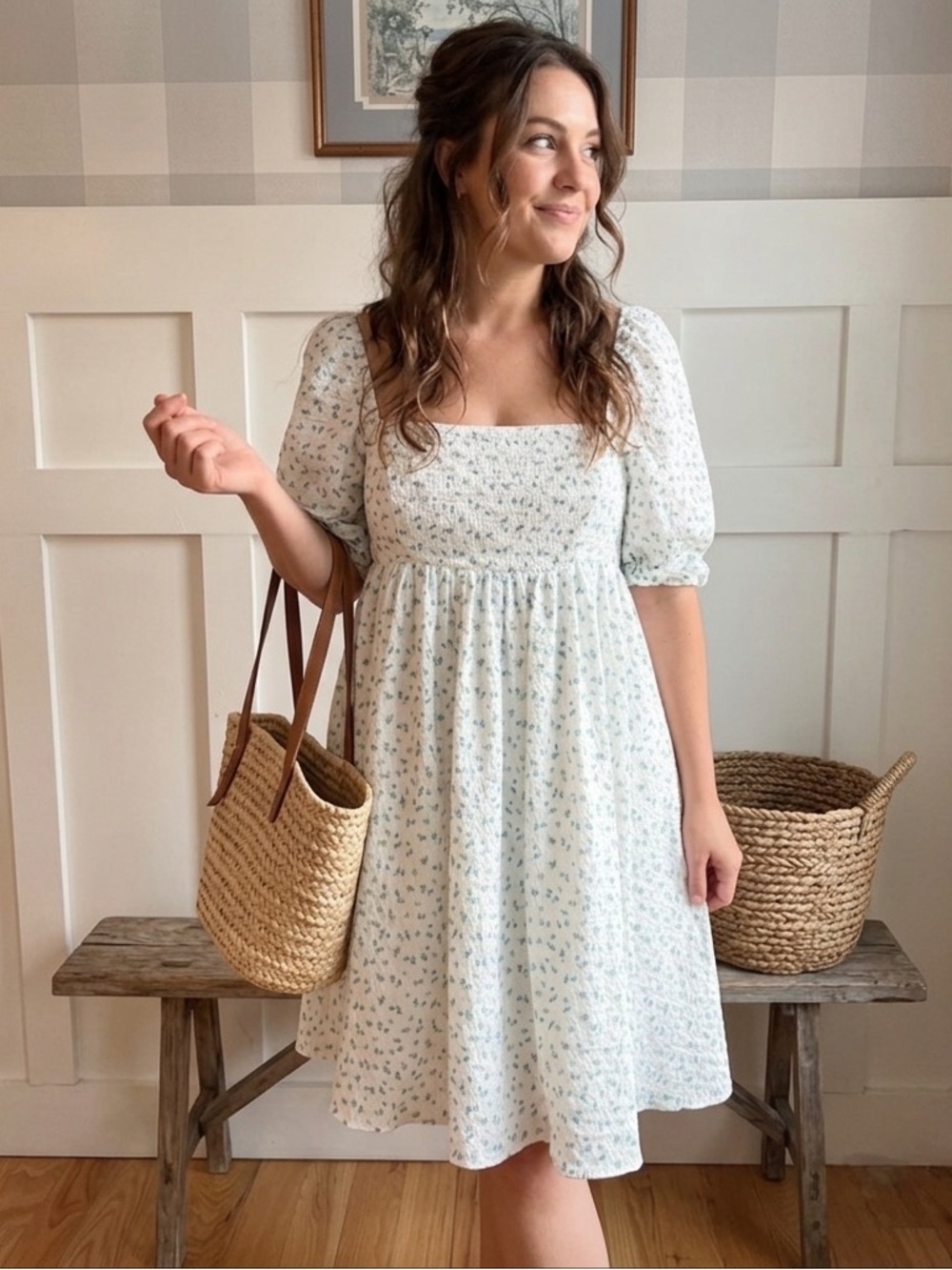 Storia Cream Dress with Green Floral Print and Puff Sleeves Romantic Small